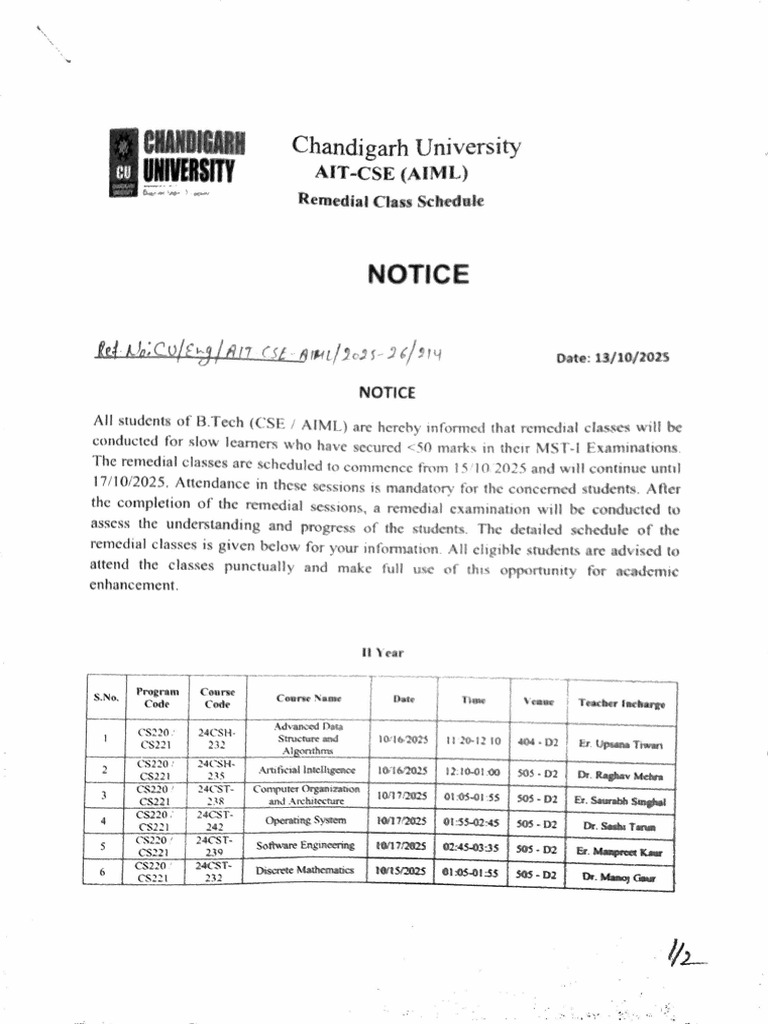 Remedial Classes Schedule October 2025 | PDF