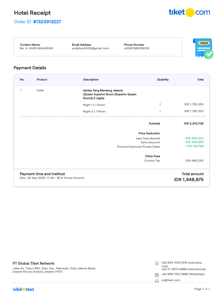 Hotel Booking Receipt for Ashley Tang PDF Payments Business
