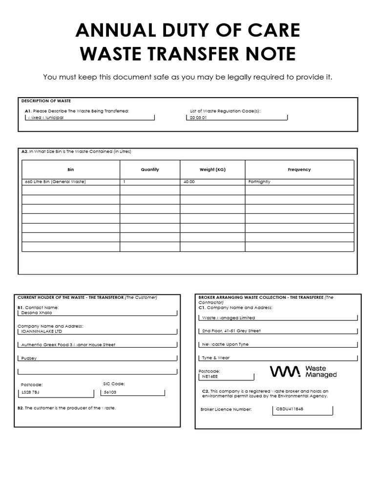 Waste Transfer Note for Authentic Greek Food | PDF