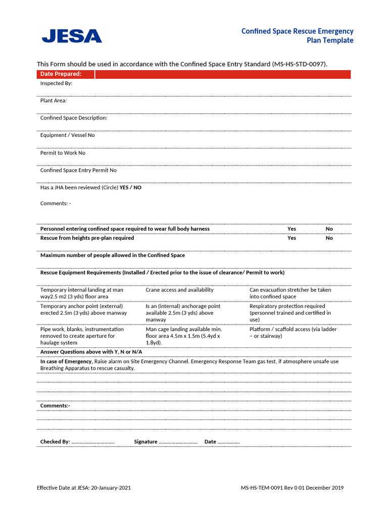 MS-HS-TEM-0091 Confined Space Rescue Emergency Plan Template | PDF