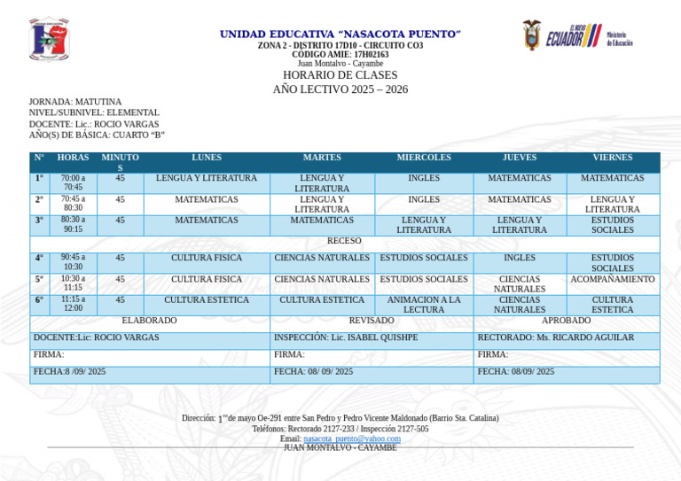Horario Clases Cuarto "B" 2025-2026 | PDF