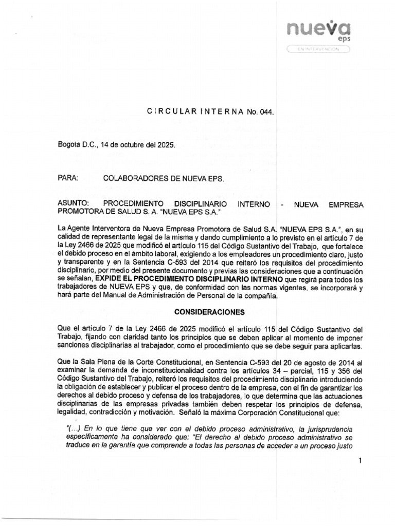 Circular Interna No. 044 - Procedimiento Disc | PDF