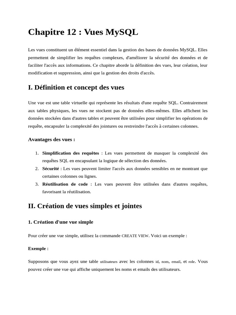 Guide des Vues MySQL : Création et Gestion | PDF | MySQL | SQL