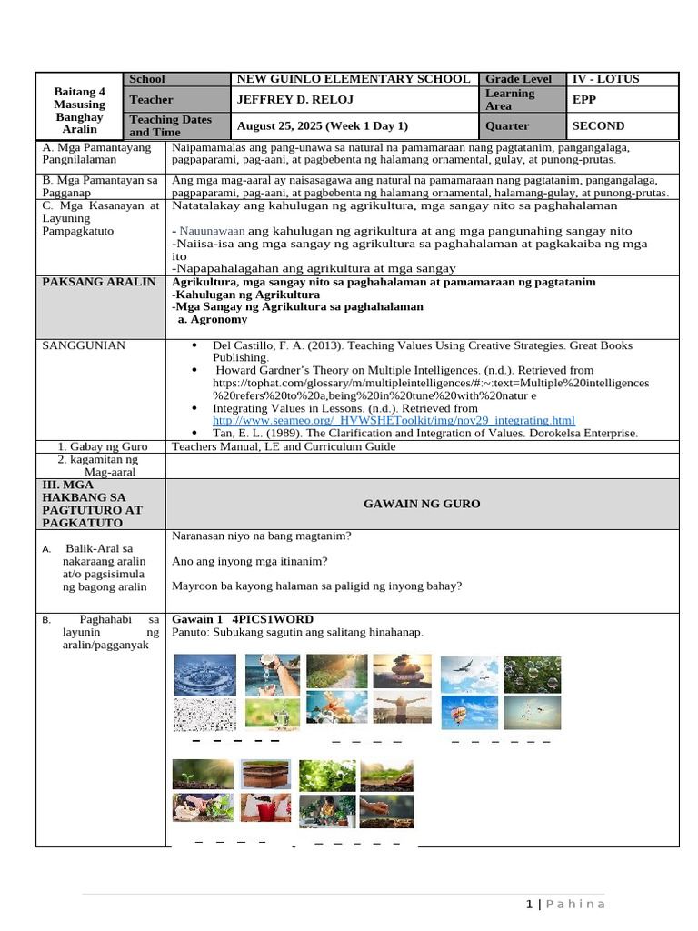 Lesson Plan in EPP Day 1 | PDF