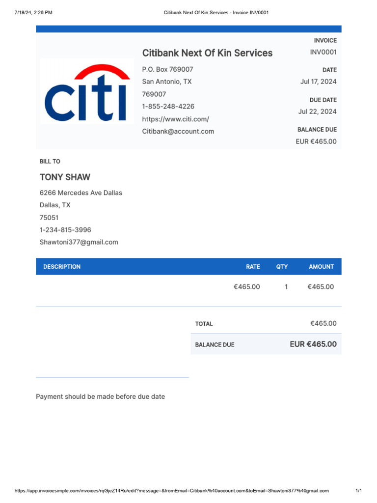 Citibank Invoice INV0001 for Tony Shaw | PDF