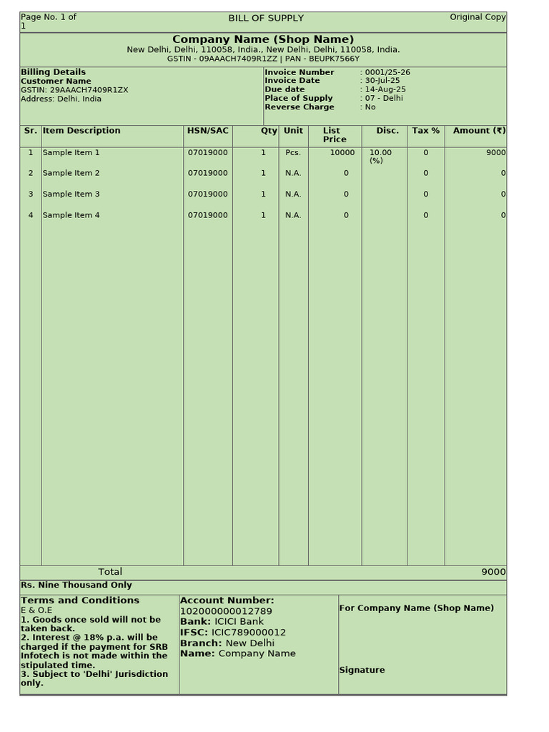 Bill of Supply Invoice Template | PDF