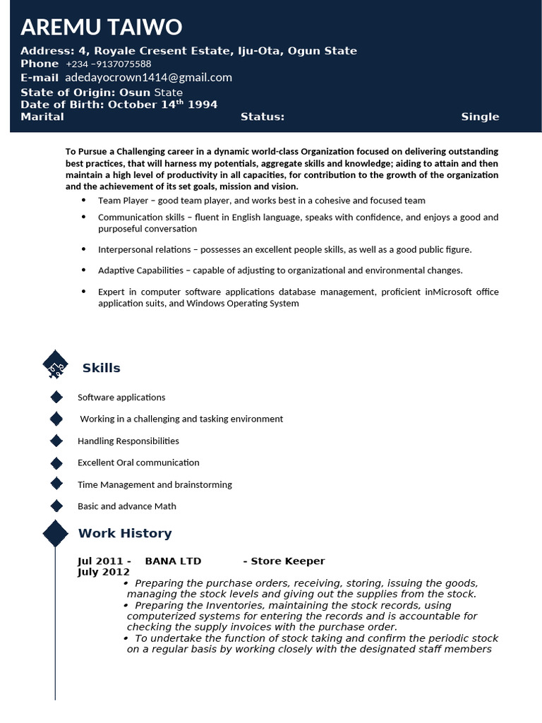 TaiwoA CV | PDF | Computing