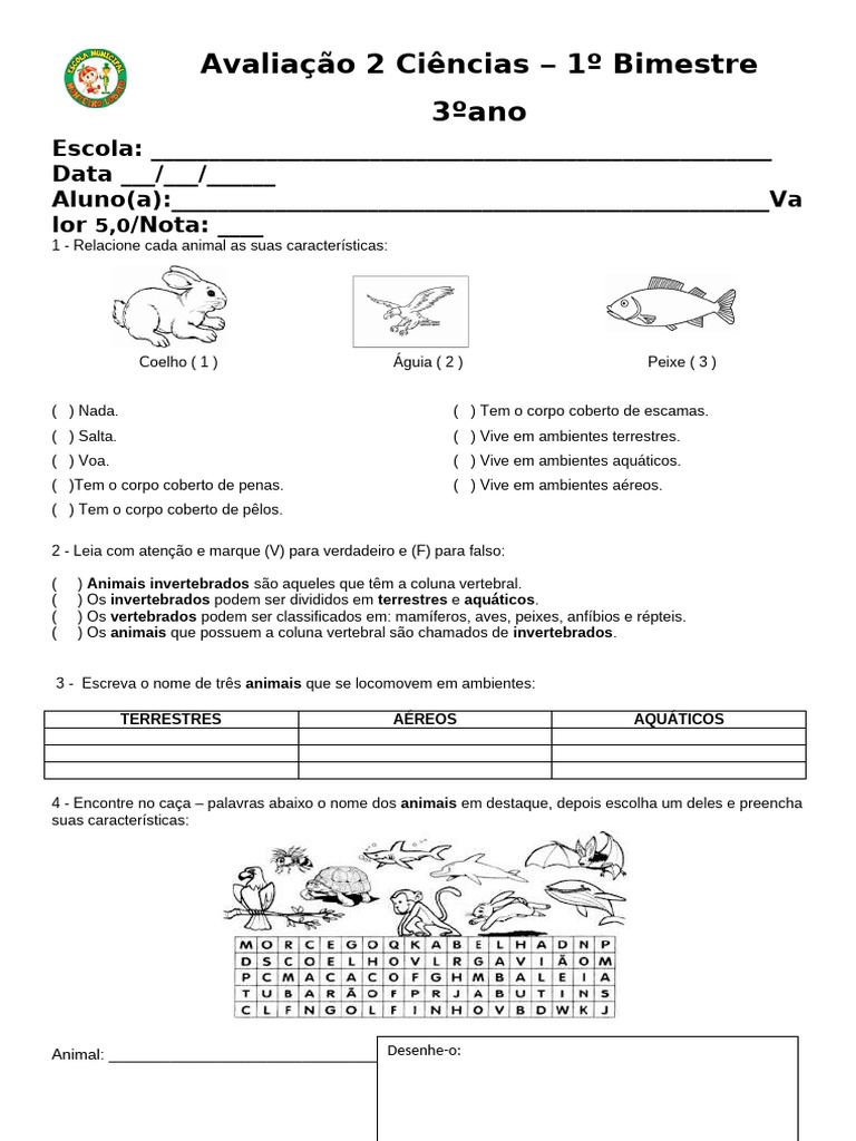 Prova de Ciências: Animais 2º Ano | PDF