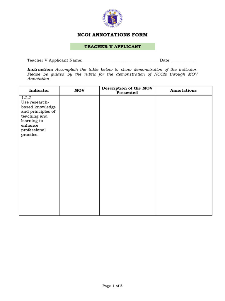 NCOI Annotation Form for Teacher V Applicants | PDF | Teachers | Annotation