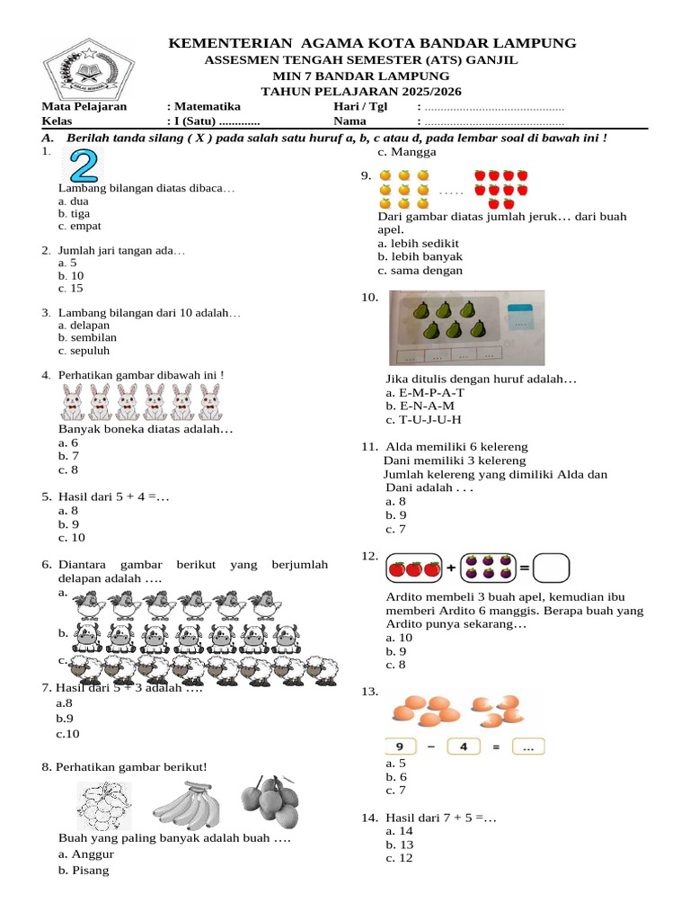 Ats MTK Kelas 1 Semester Ganjil | PDF
