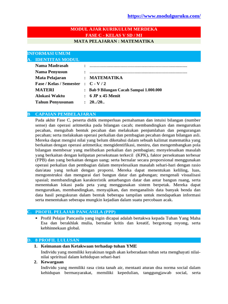 Modul Ajar Matematika Kelas V SD | PDF