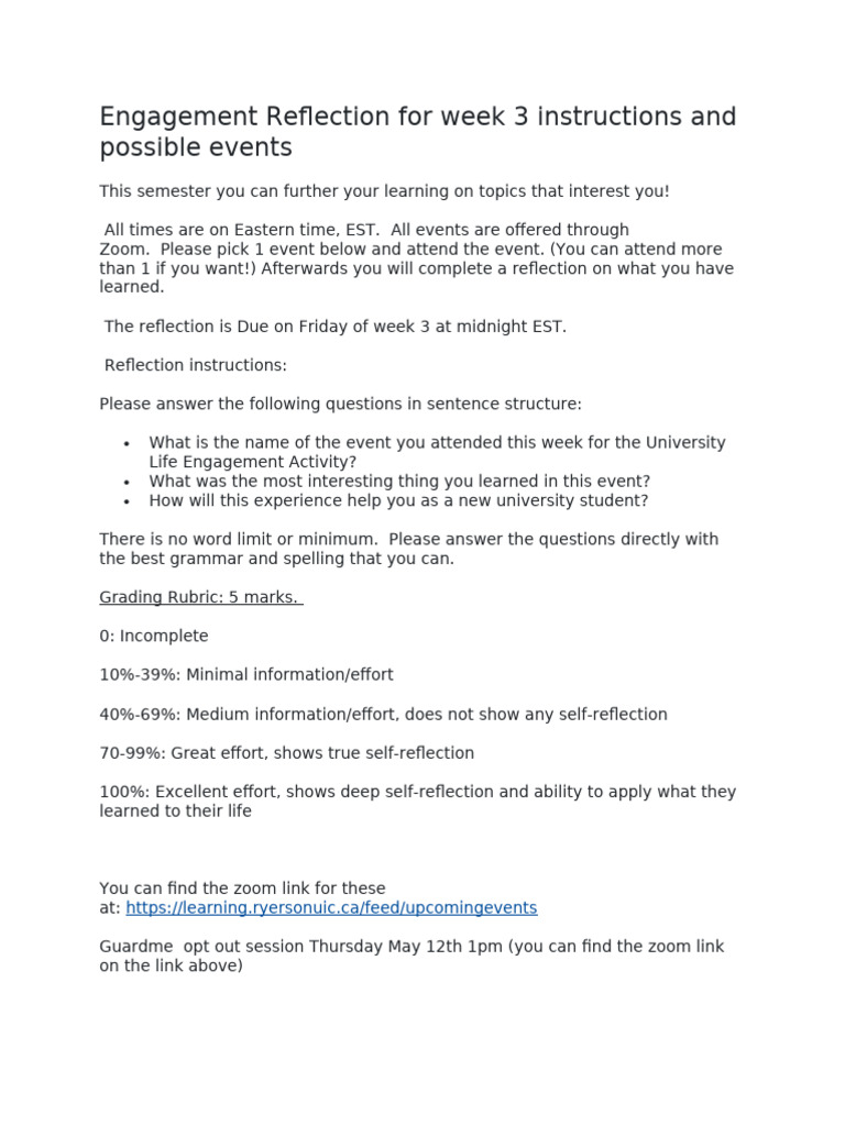 Engagement Reflection For Week 3 Instructions and Possible Events | PDF