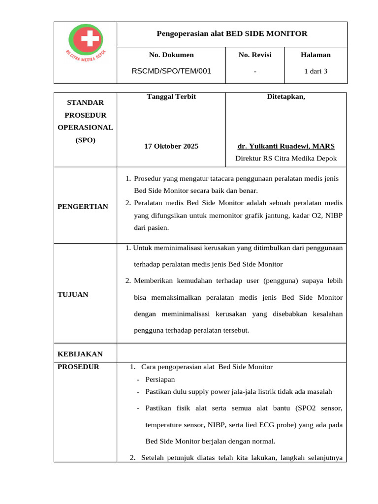 Prosedur Operasional Bed Side Monitor | PDF