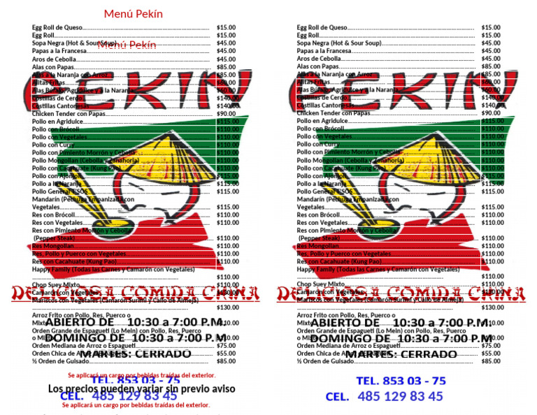 Menú del Restaurante Pekín | PDF | Mariscos | Cocina americana