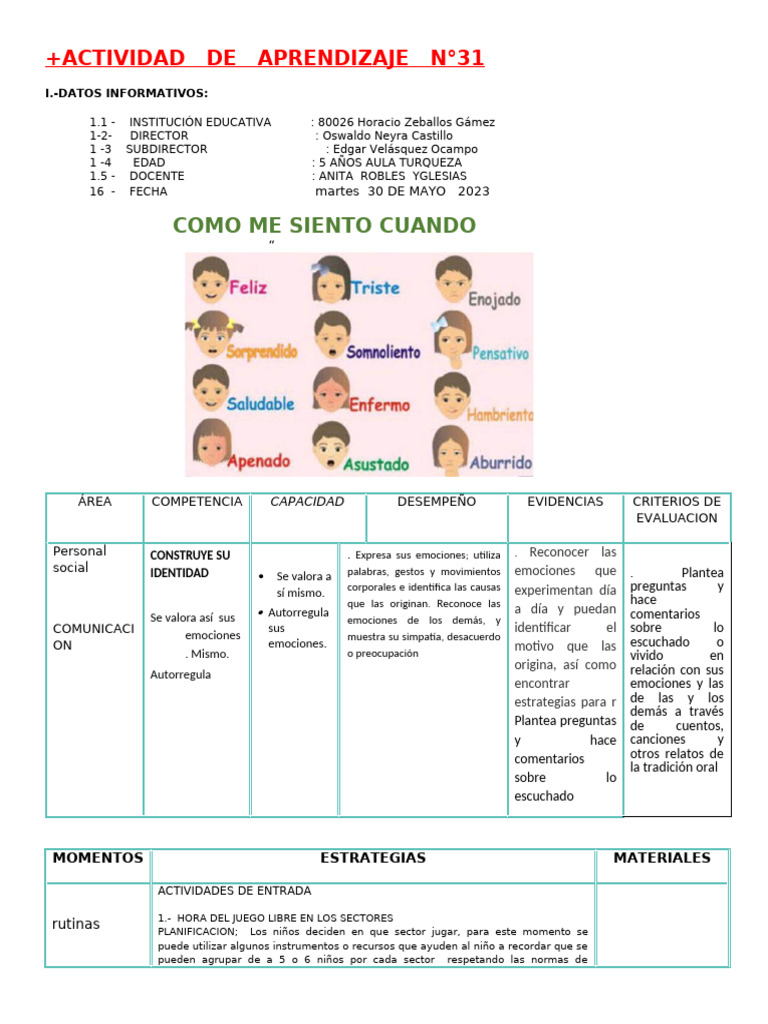 Actividades sobre Emociones en Niños | PDF | Las emociones | Ciencia ...
