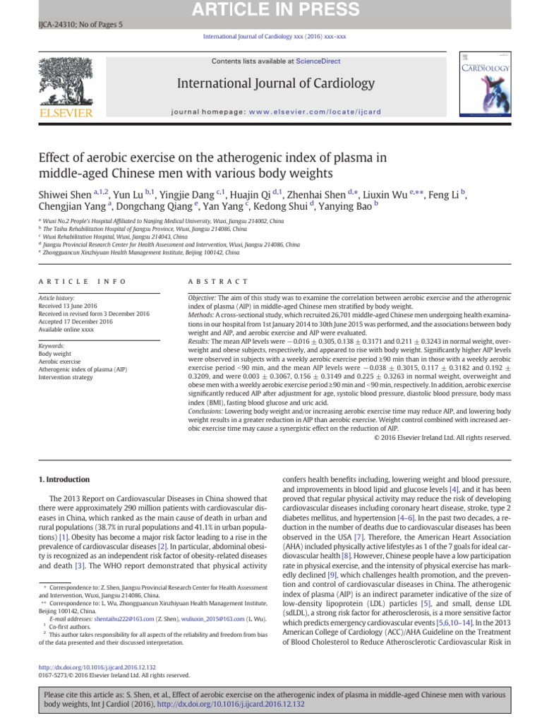 Effect of Aerobic Exercise On The Atherogenic Index of Plasma in Middle ...