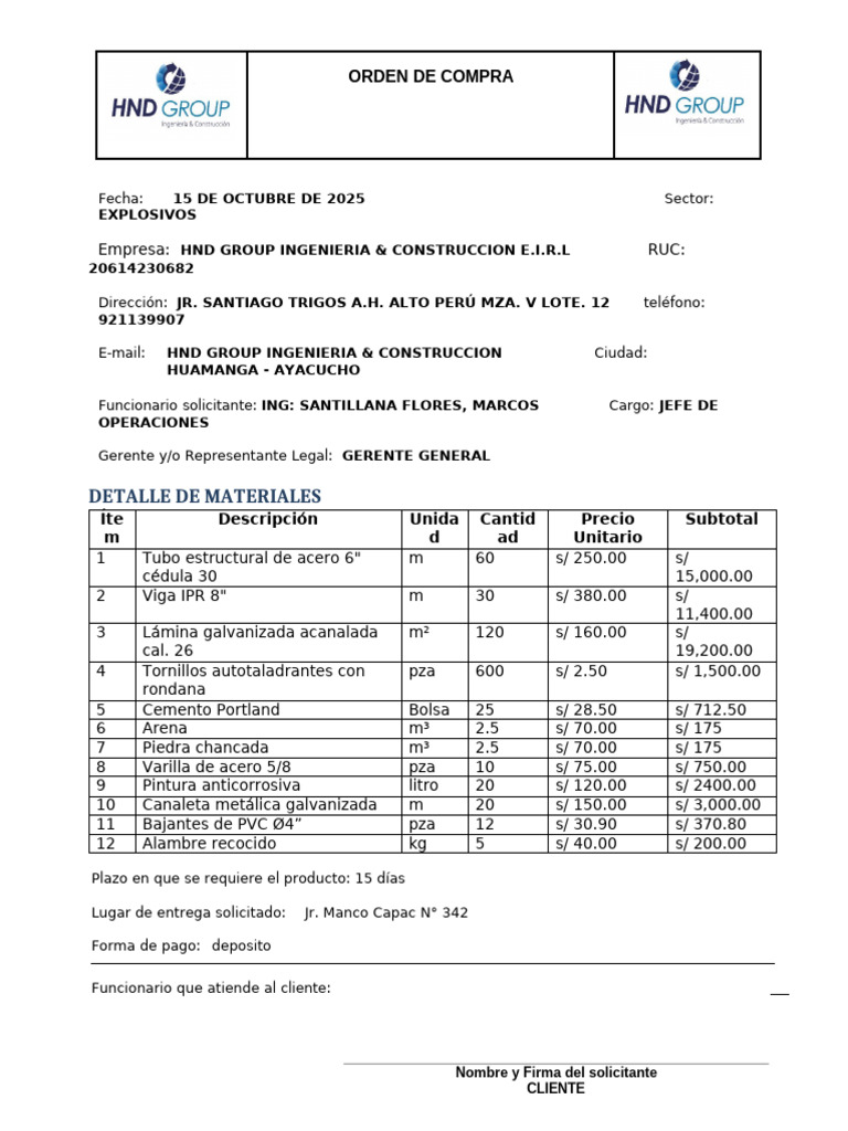 Orden de Compra de Materiales de Construcción | PDF | Materiales ...