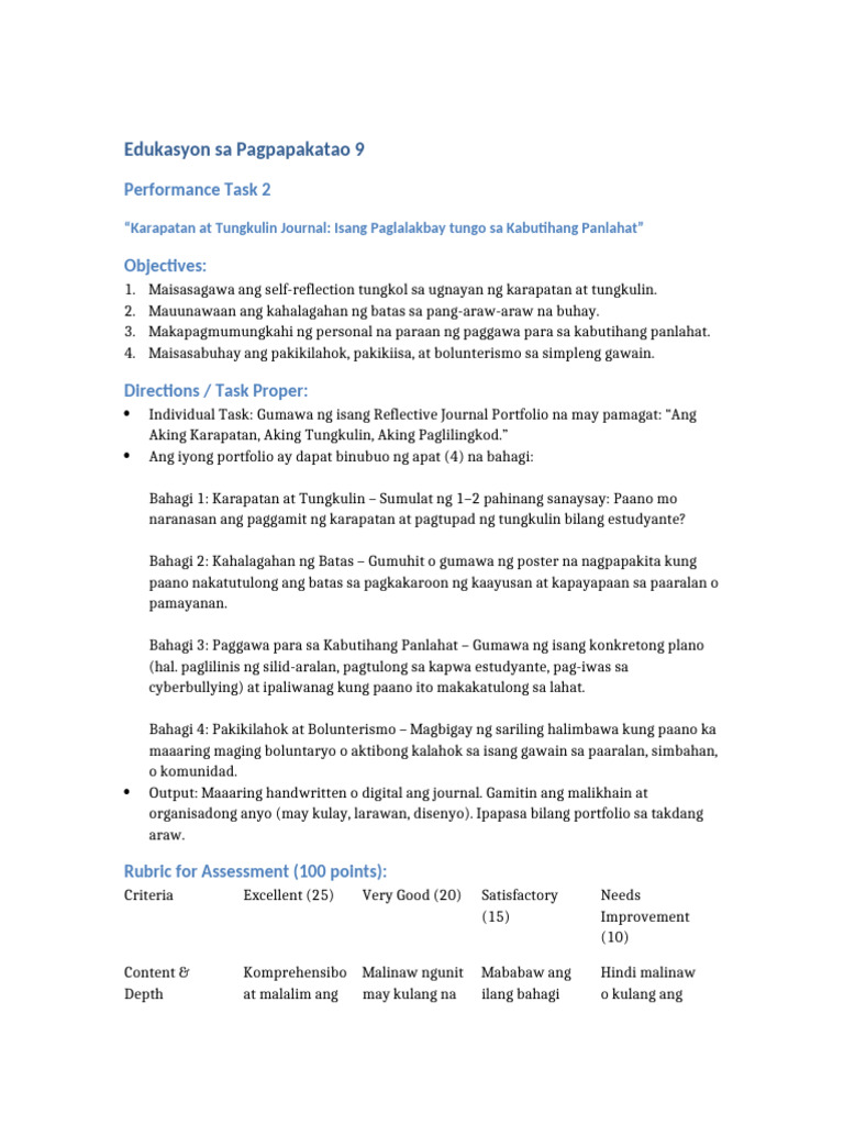 Edukasyon Sa Pagpapakatao9 Performance Task2 | PDF