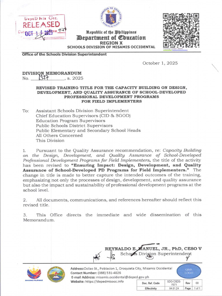 Dm. 1357 S. 2025 Revised Training Title For The Capacity Building On ...