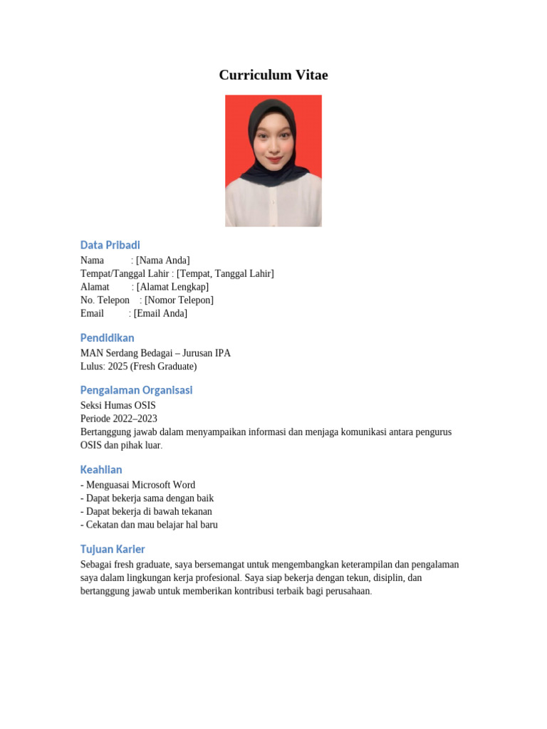 CV Fresh Graduate dengan Keahlian Humas | PDF