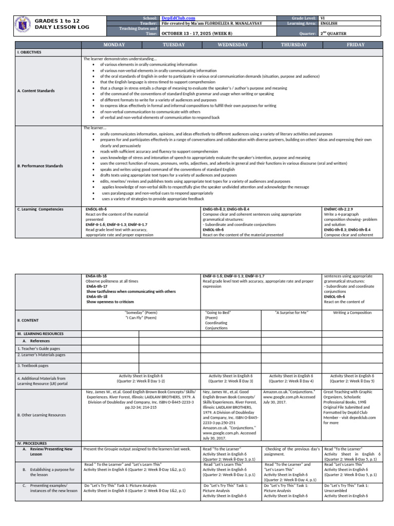 Grade 6 English Daily Lesson Plan | PDF | English Language | Nonverbal ...