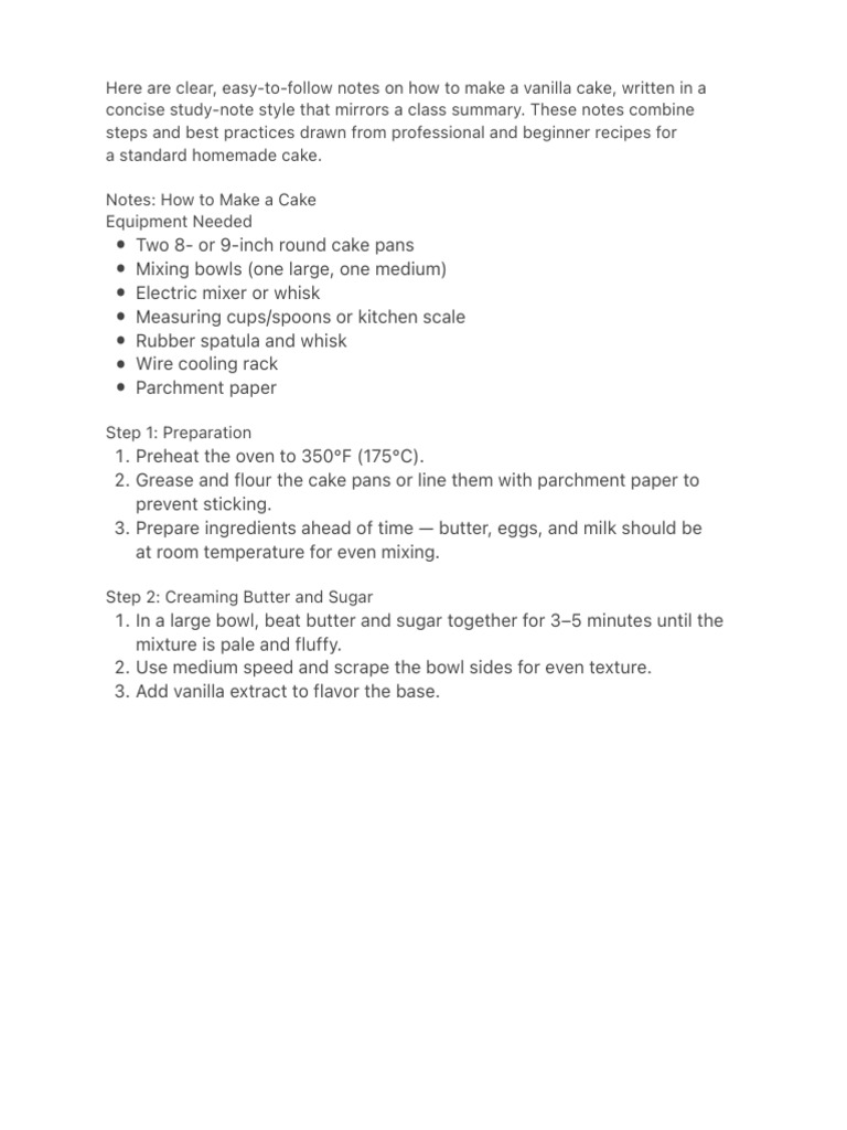 Vanilla Cake Recipe Notes Guide | PDF