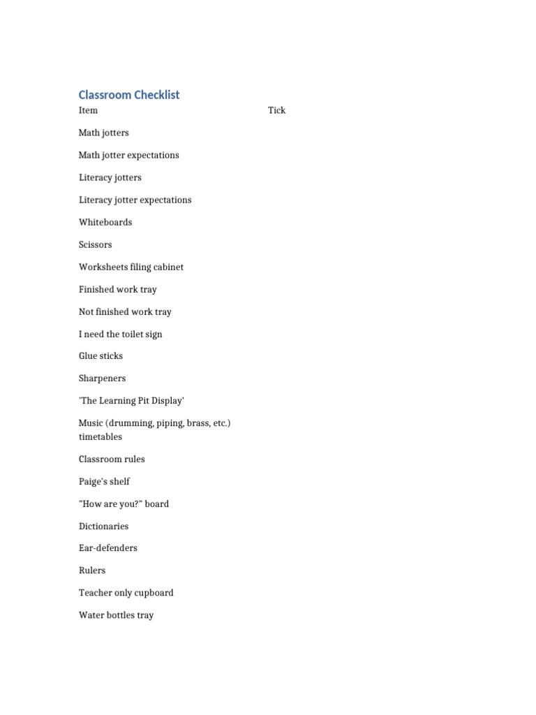 Classroom Checklist Pdf