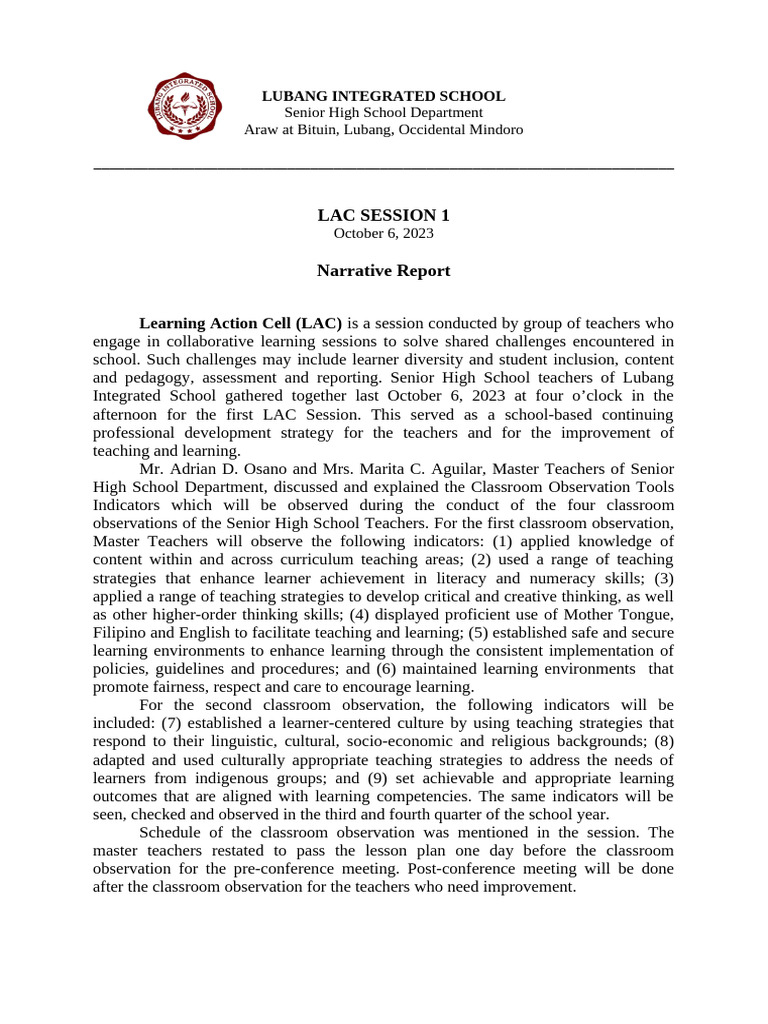 LAC Session 1 Narrative Report 2023 | PDF | Learning | Teachers
