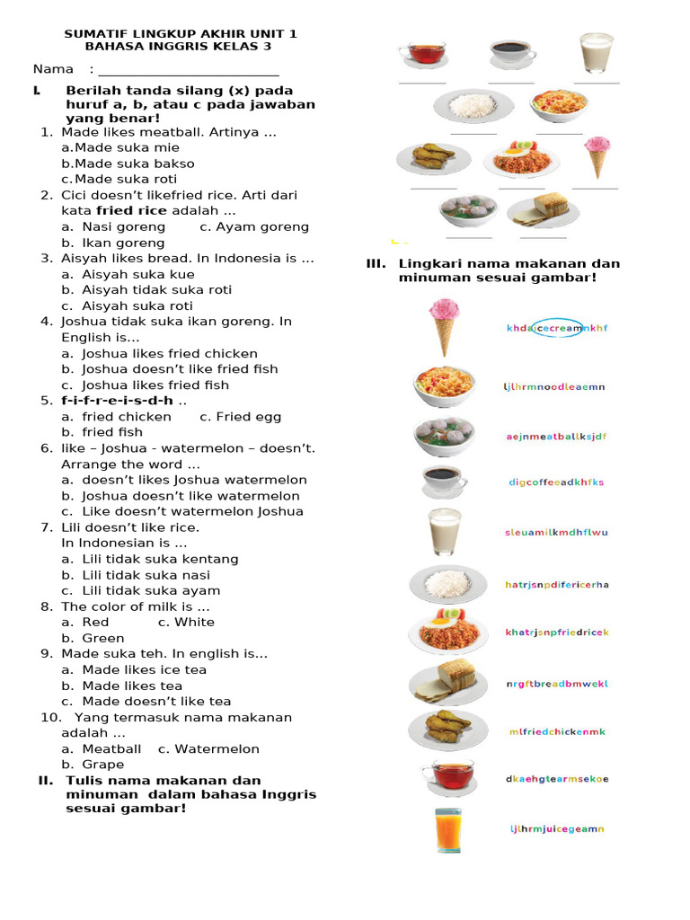 Soal Bahasa Inggris Kelas 3: Makanan dan Minuman | PDF
