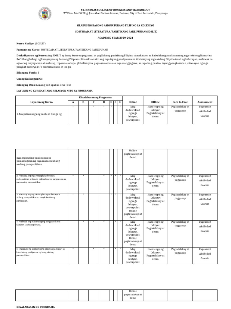 Silabus Soslit 1 | PDF