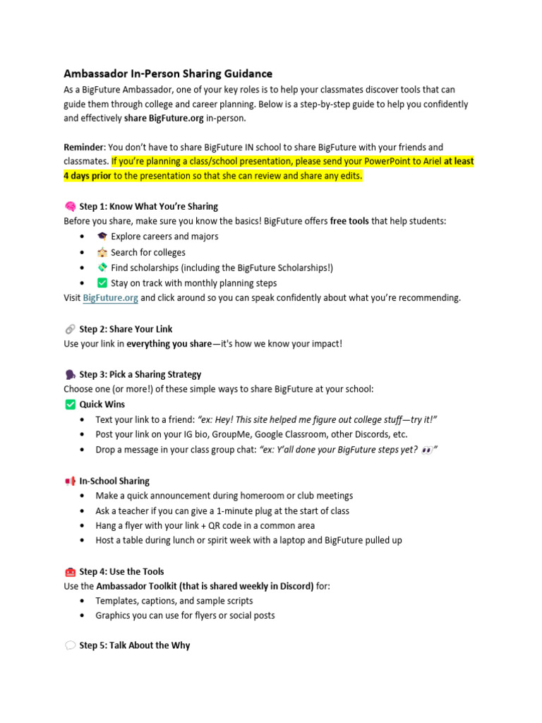 BigFuture Ambassador Sharing Guide | PDF | Human Communication