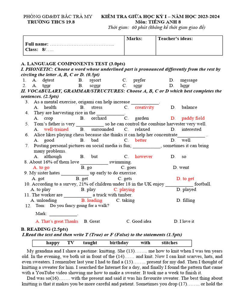 English Test for Grade 8 - Midterm 2023-2024 | PDF | Knitting