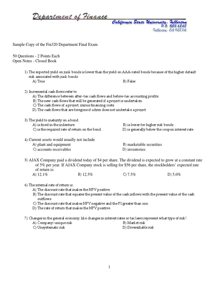 Fin320 Final Exam Sample Questions | PDF | Cost Of Capital | Stocks