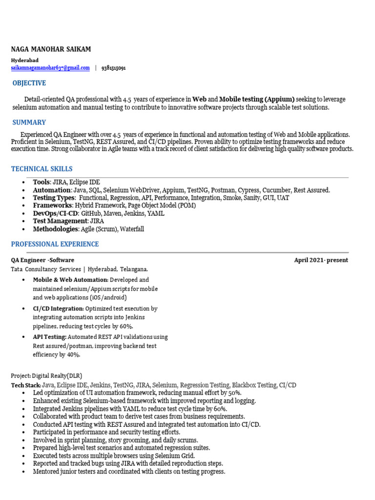 Experienced QA Engineer with Automation Skills | PDF | Selenium ...