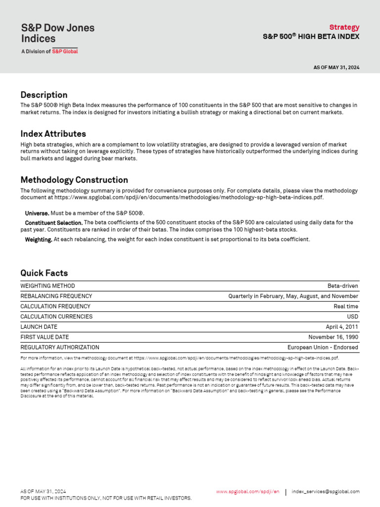 S&P 500 High Beta Index Overview | PDF | Beta (Finance) | Dow Jones ...