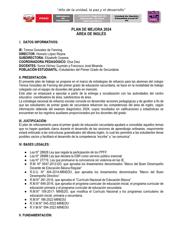 Plan de Mejora en Inglés 2024 para Secundaria | PDF | Léxico | Evaluación