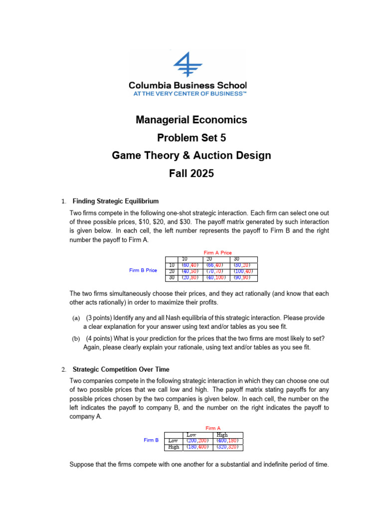 Game Theory & Auction Design Problem Set | PDF | Game Theory ...