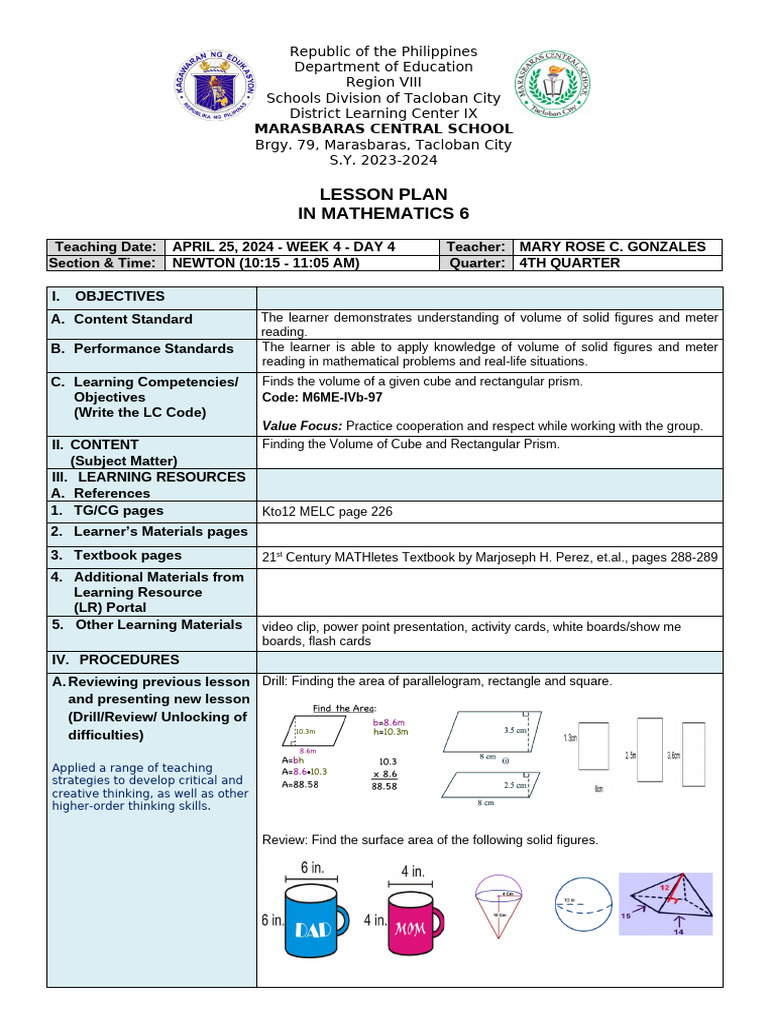 Grade 6 Math Lesson Plan on Volume | PDF | Volume | Learning