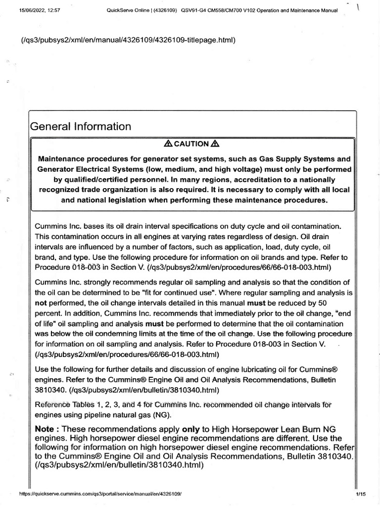 Cummins QSV91-G4 Operation Manual | PDF | Motor Oil
