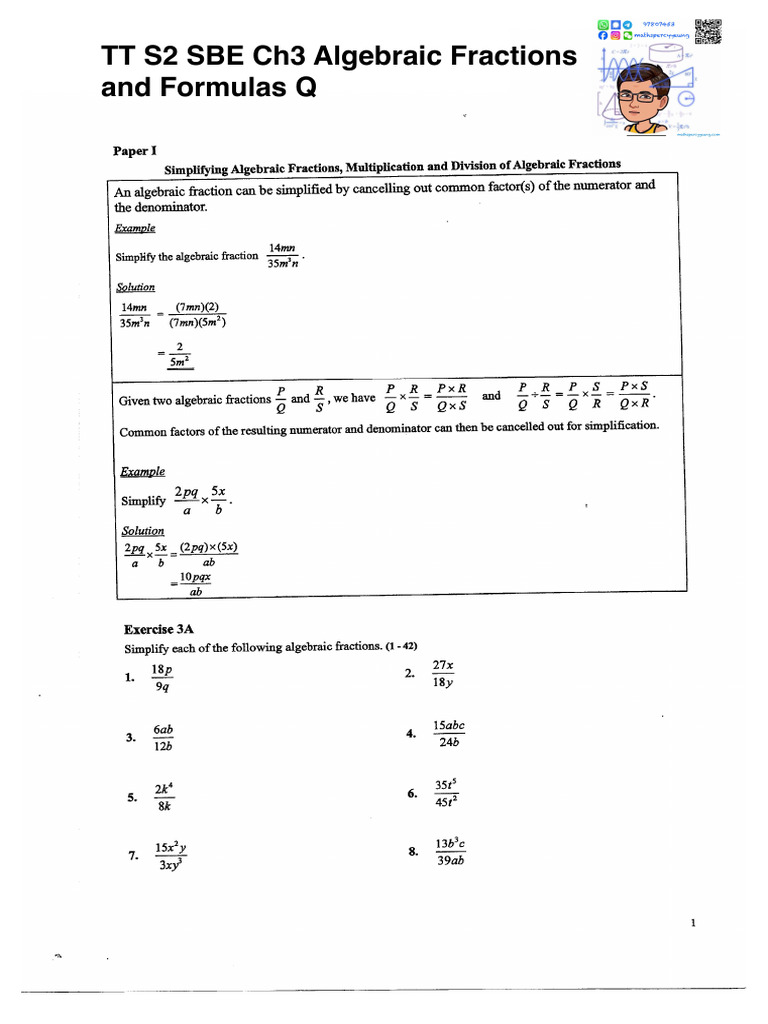 TT s2 Sbe ch3 Algebraic Fractions and Formulas Q | PDF