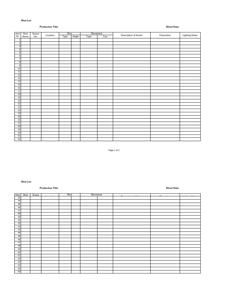Film Production Shot List Template | PDF