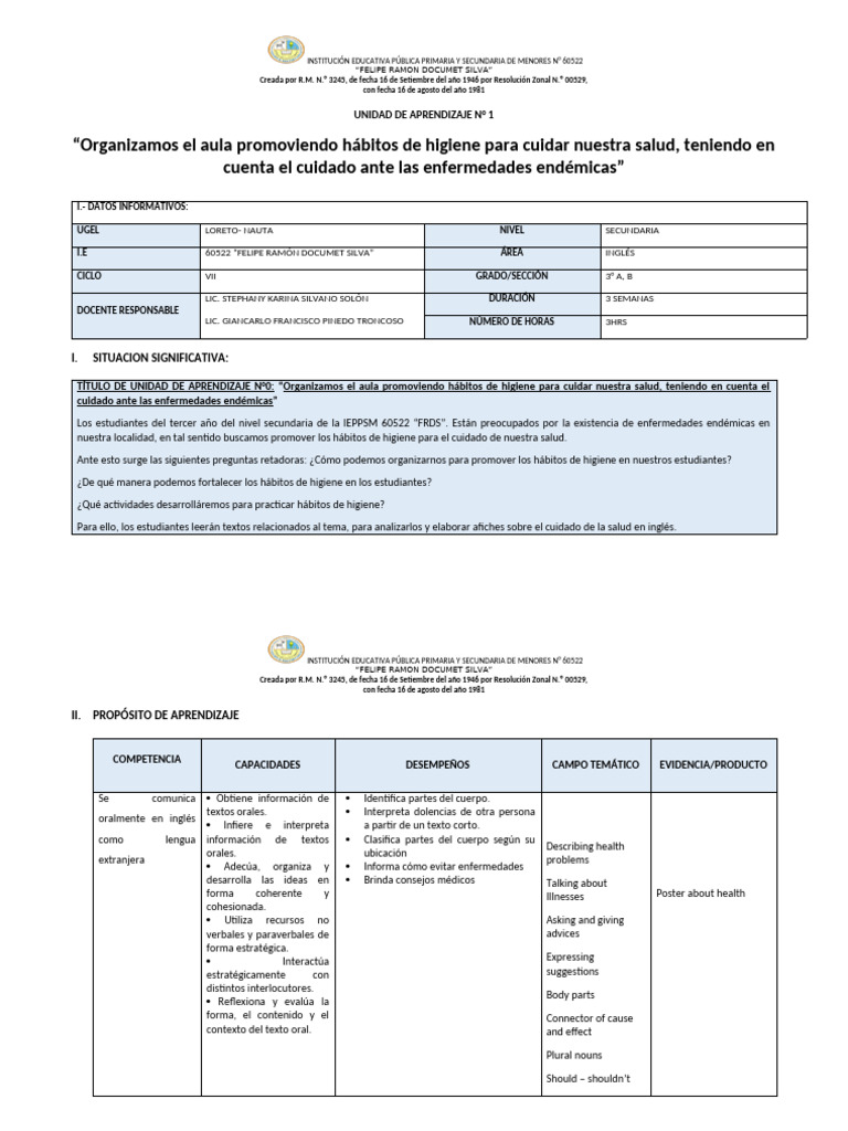 Unidad de Aprendizaje 1 - Ingles 3ro 2025 | PDF | Enseñando | Aprendizaje