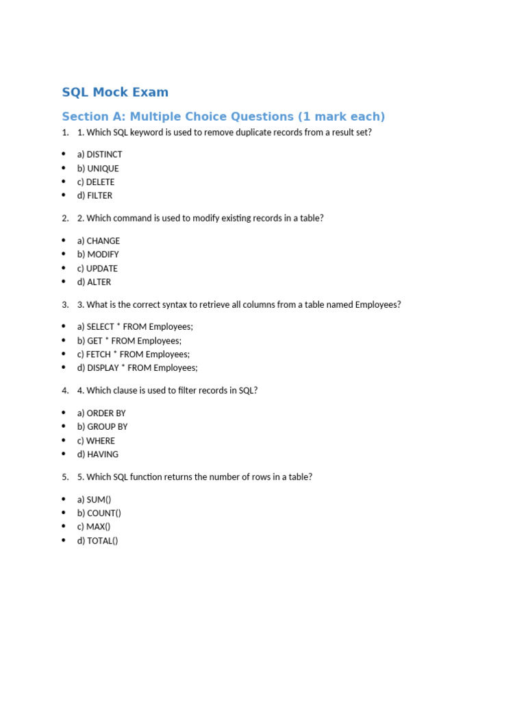 SQL Mock Exam: Questions & Queries | PDF