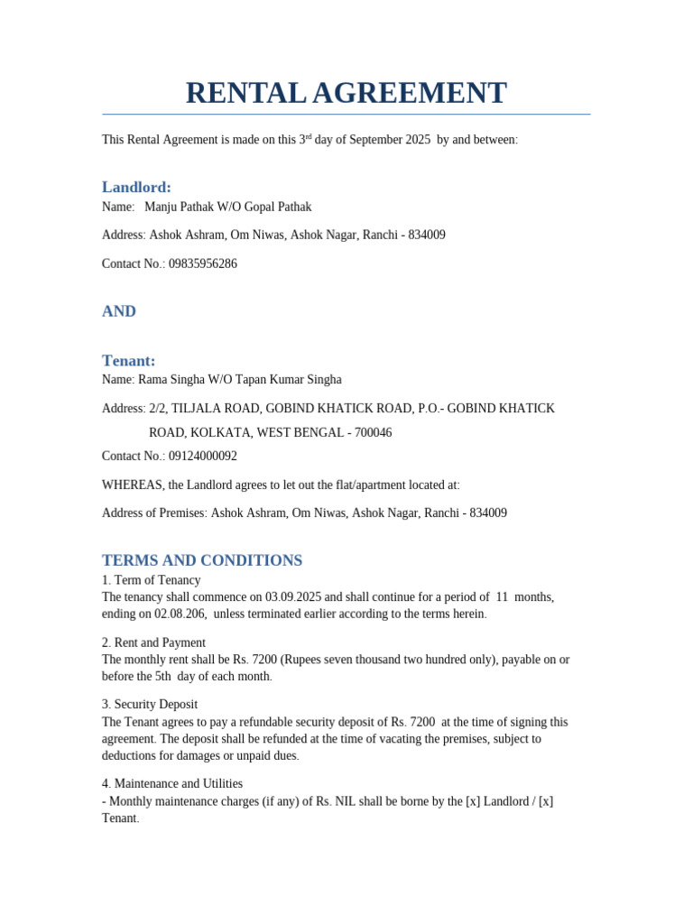 Rama Singha Rental Agreement | PDF | Leasehold Estate | Landlord