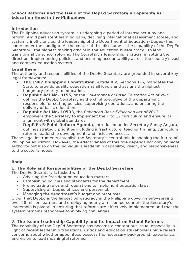 Angara's 5-Point Reform Agenda in Education | PDF | Governance ...