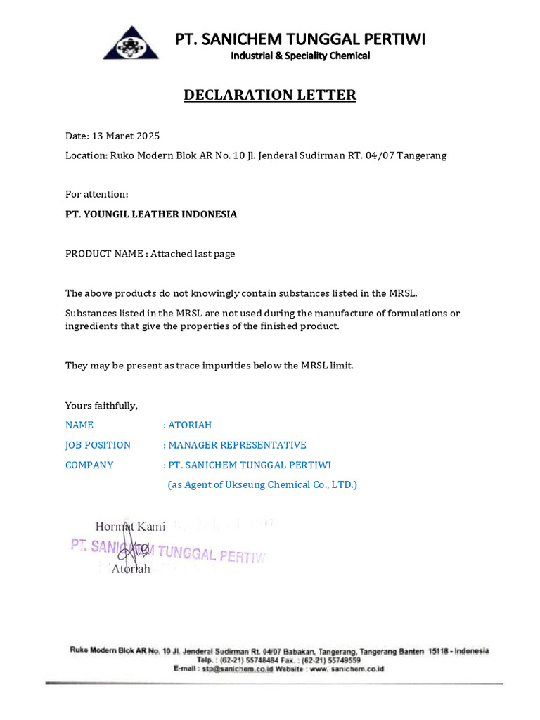 MRSL Compliance Declaration Letter | PDF | Chemical Compounds