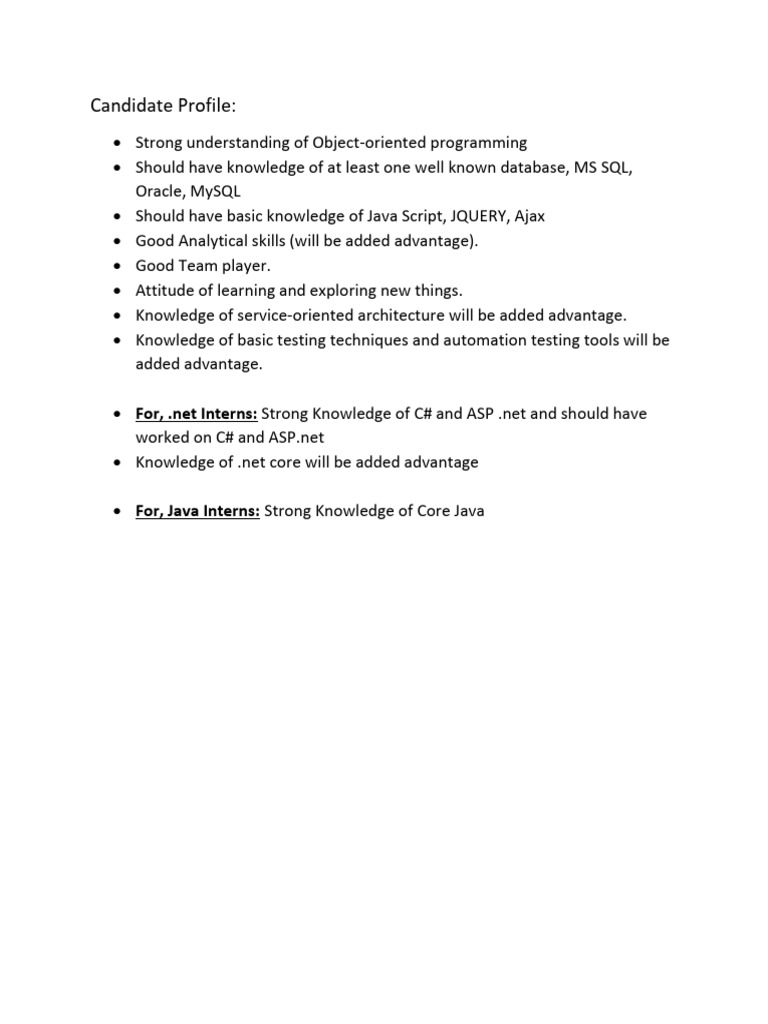 .NET and Java Intern Candidate Profile | PDF