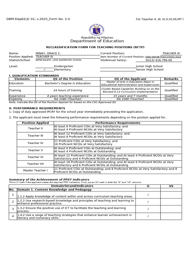 DepEd Teacher Reclassification Form 2025 | PDF | Learning | Educational ...