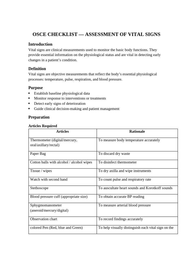 OSCE Vital Signs Assessment Guide | PDF | Pulse | Physiology