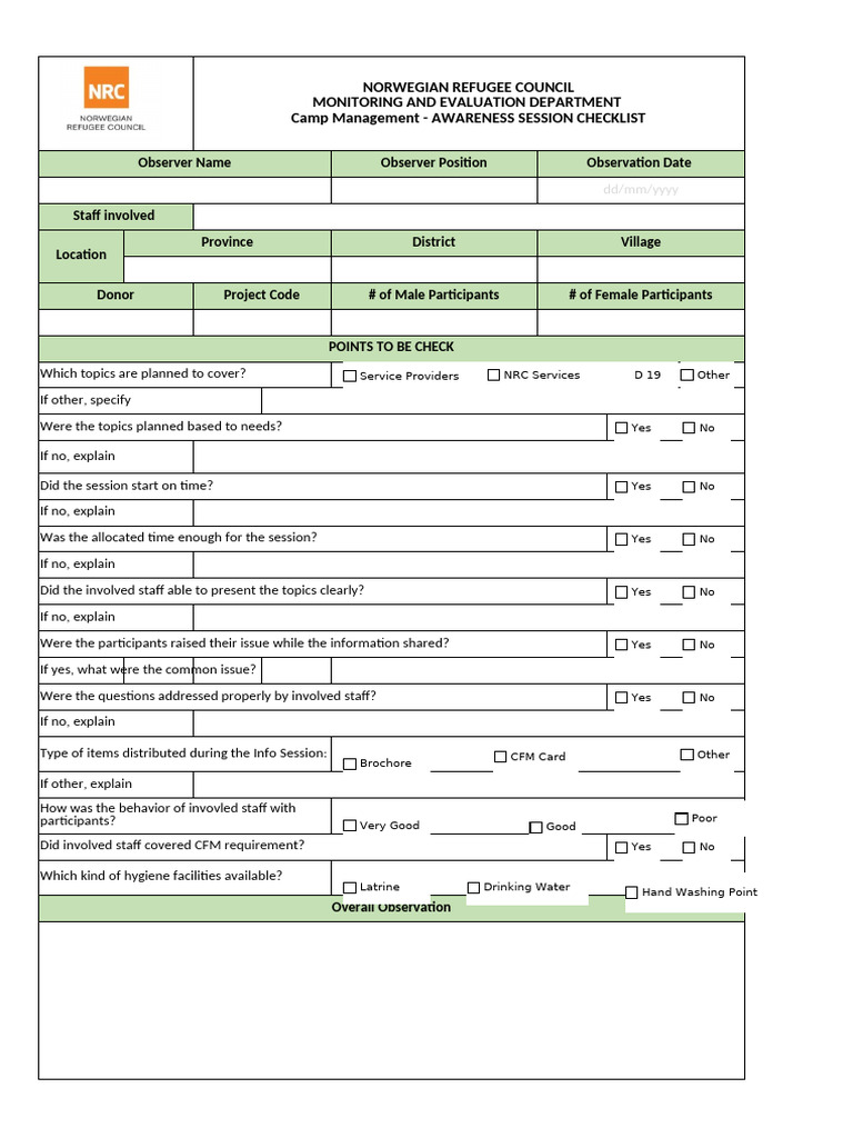 Annex C.1 Awareness Monitoring Checklist | PDF | Hygiene | Sanitation